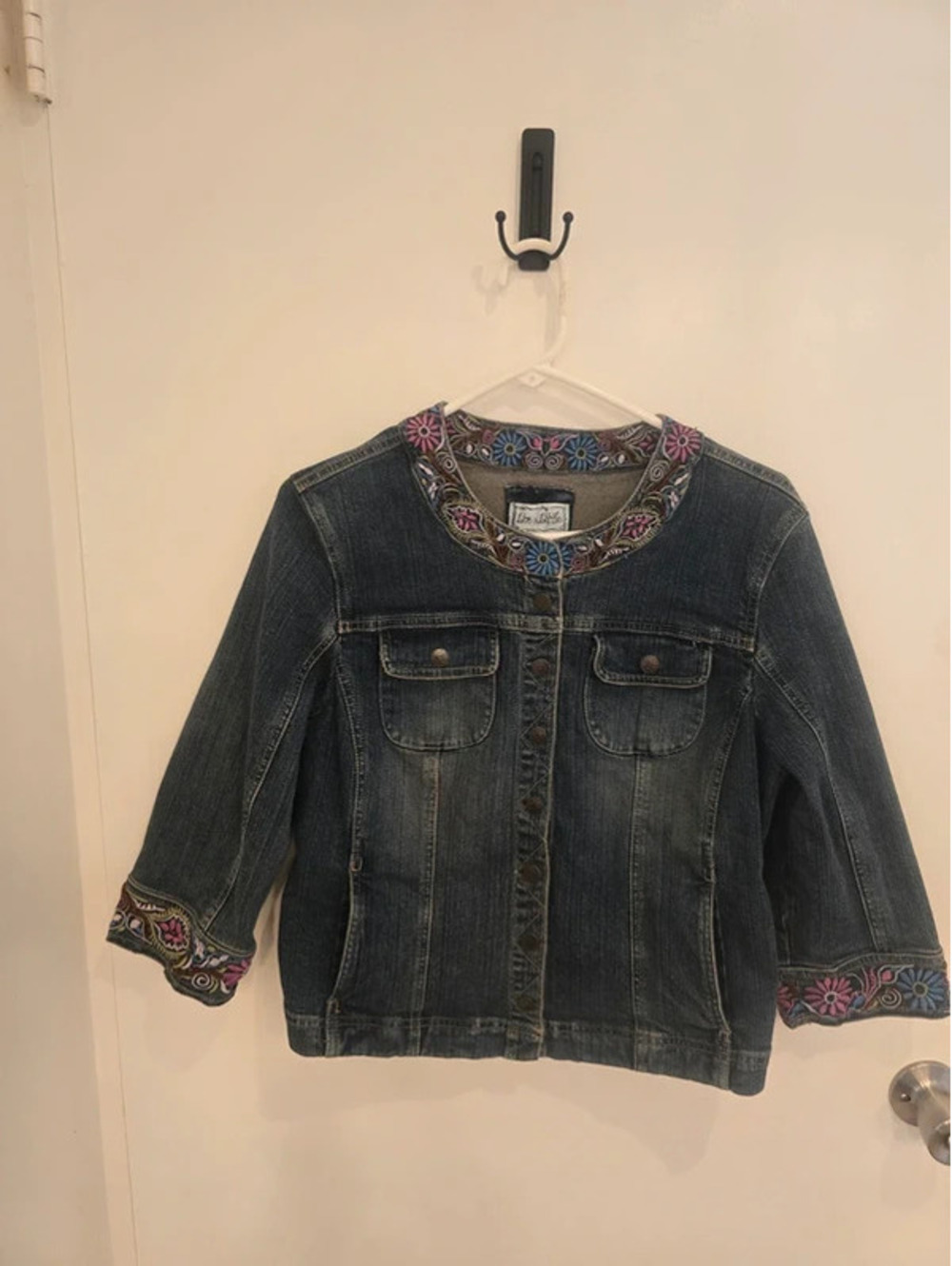 Embroidered, beaded denim jacket